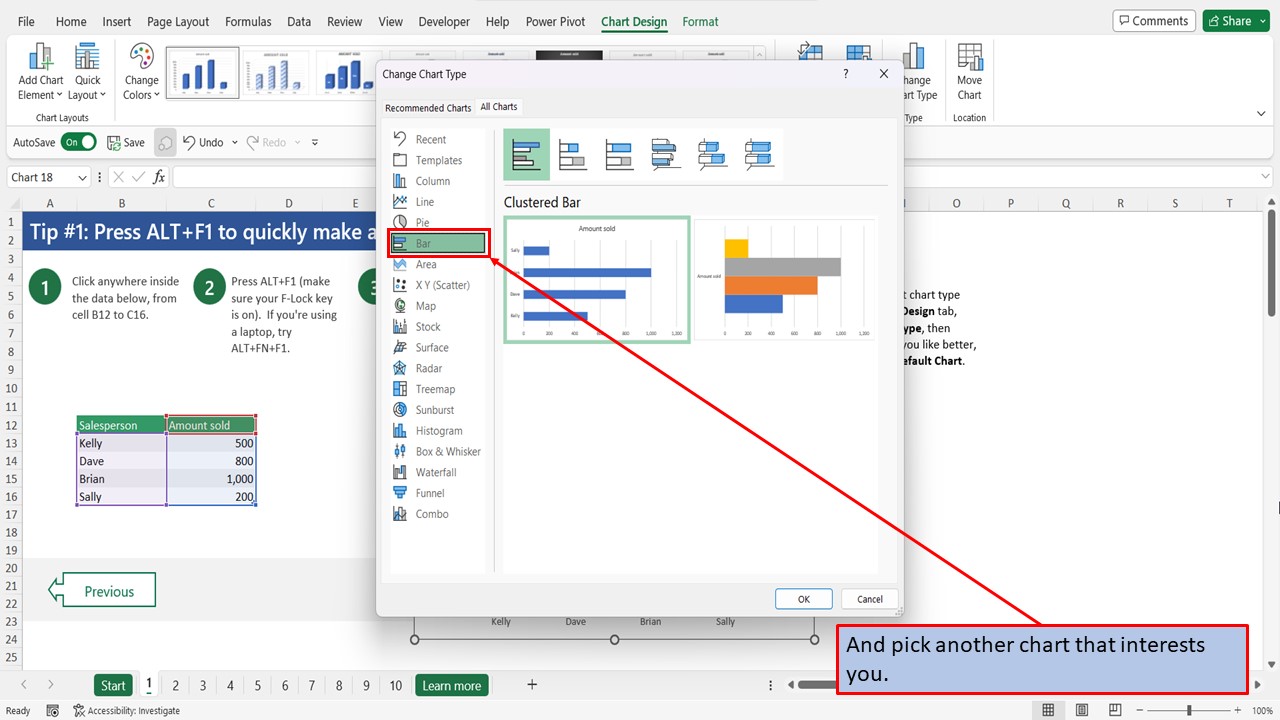Ten Tips For Excel Charts | Tip # 1 | Press Alt + F1 to quickly make a ...