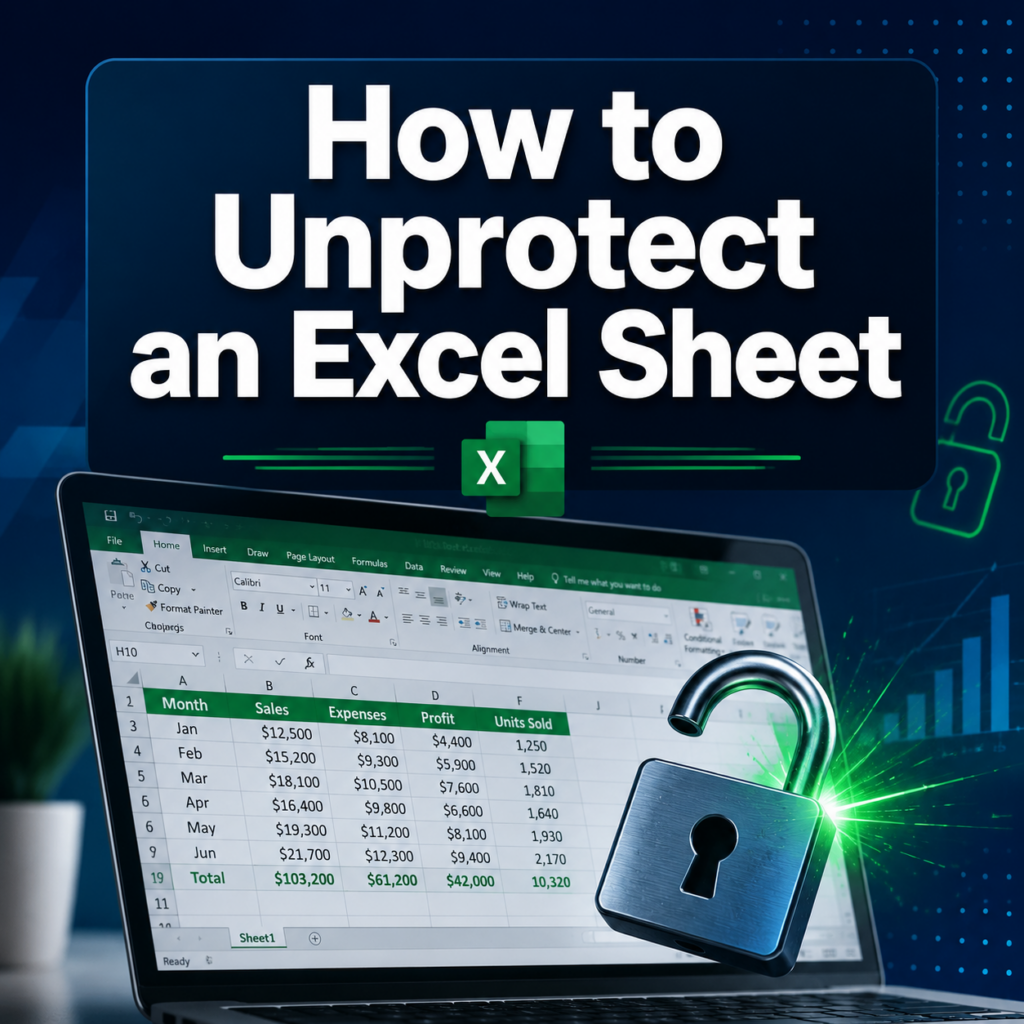Thumbnail for a tutorial: 'How to Unprotect an Excel Sheet' featuring the Excel logo and an unlocked padlock over a laptop screen.