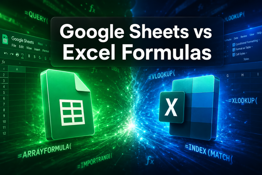 Graphic comparing Google Sheets and Excel formulas, with a green Sheets icon and a blue Excel icon against a tech background