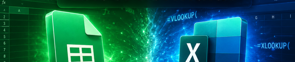 Graphic comparing Google Sheets and Excel formulas, with a green Sheets icon and a blue Excel icon against a tech background