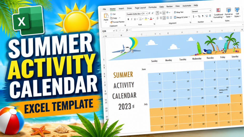 Beach-themed promo for a Summer Activity Calendar Excel template with Excel icon and calendar layout in a tropical scene.