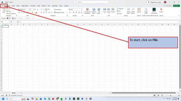 Excel screenshot highlighting the File tab on the ribbon with a callout reading 'To start, click on File' over a blank worksheet